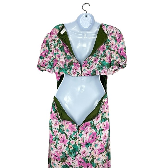 ASTR The Label Dayanara Dress Green Pink Floral Puff Sleeve Slit Maxi size Large - Picture 8 of 11